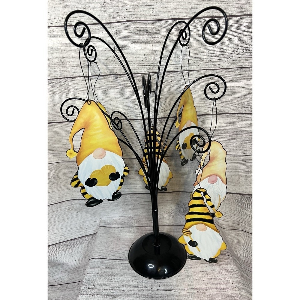 Gnome-Bee Metal Ornaments with String Hangers With Metal Tree